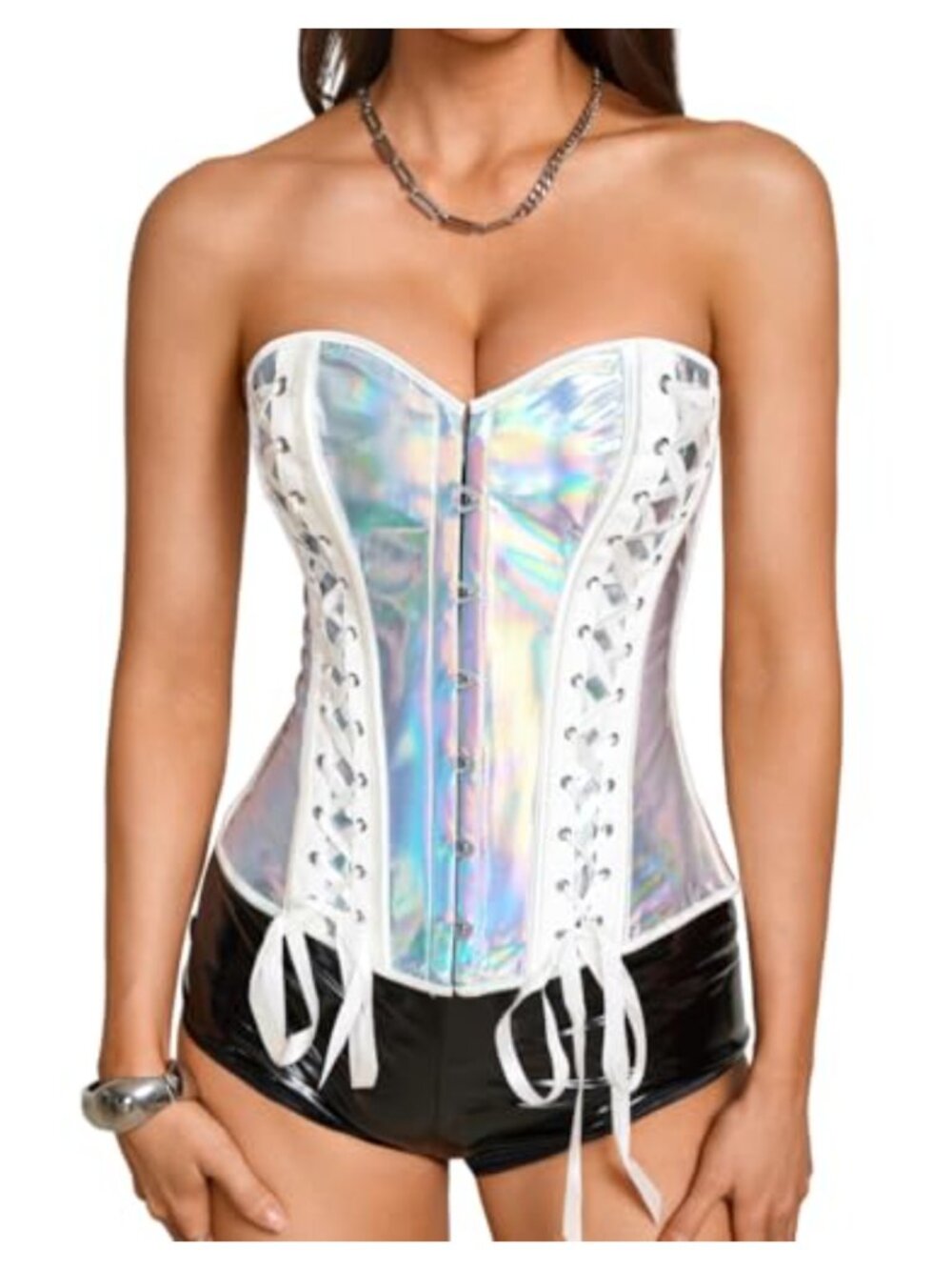 Metallic PU Patent Leather Corset Top Holographic Reflective Rave Festival